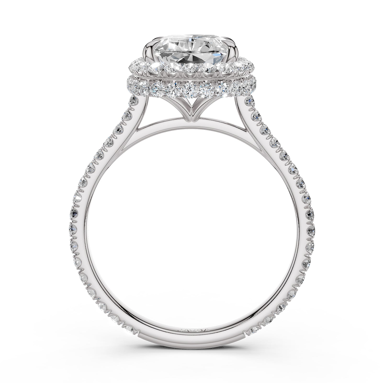 Double Halo Cushion Lab Grown Diamond U Cut Pave Set Engagement Ring